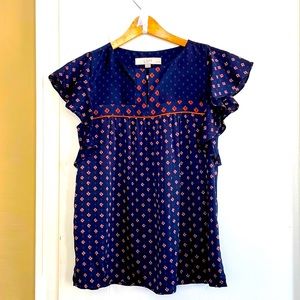 Anne Taylor Loft Petite XSP Navy w/Pattern silky Polyester Top